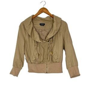Bebe Y2K Linen Cropped Jacket Tan Zip Front Drawstring Sz M Boho Chic Collection
